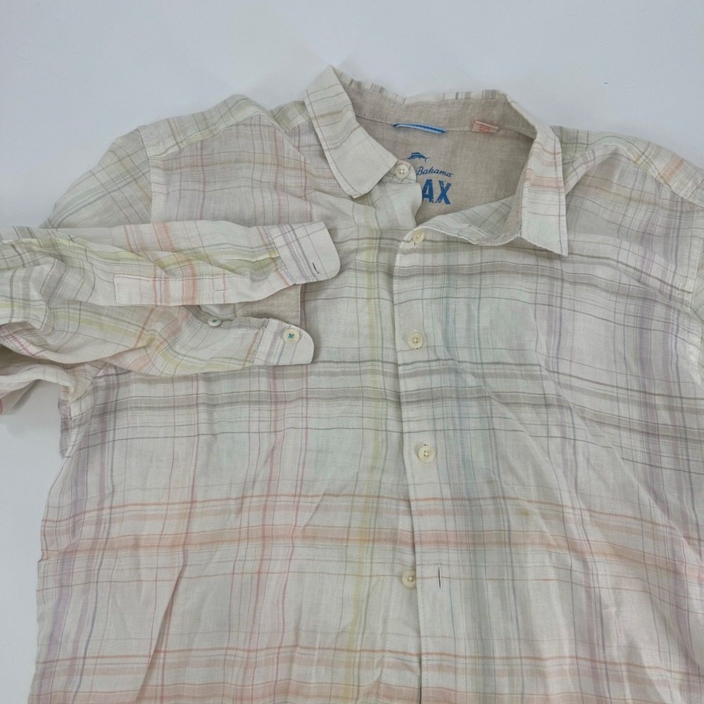 Tommy Bahama Relax Linen Shirt Mens XL‎ Pastel Plaid Button Down Long Sleeve